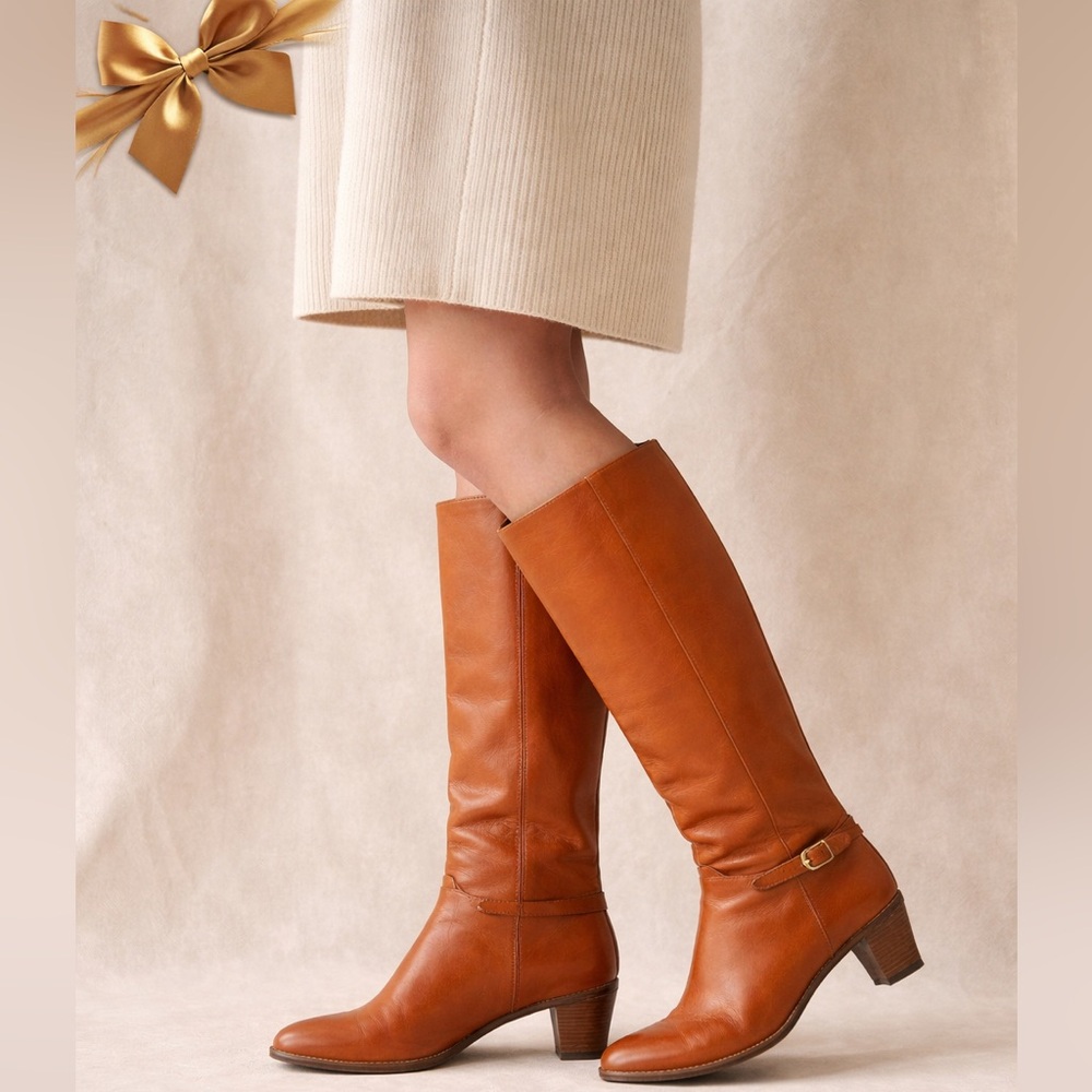 Italian Handcrafted Leather Knee High Boots Size 10 Cognac Riding